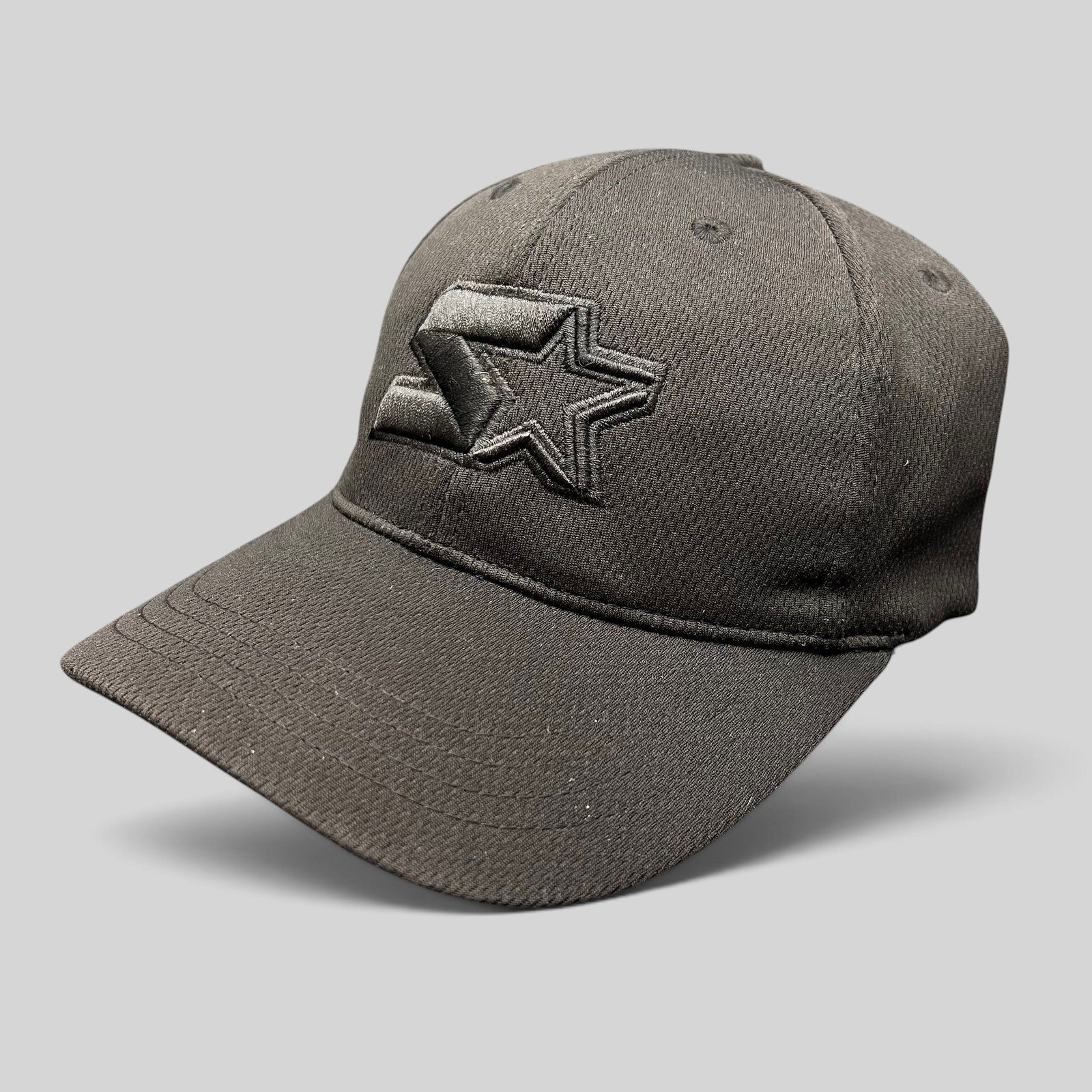 Raree Finds black Starter strapback hat with tonal embroidered logo on a structured polyester crown and curved brim.