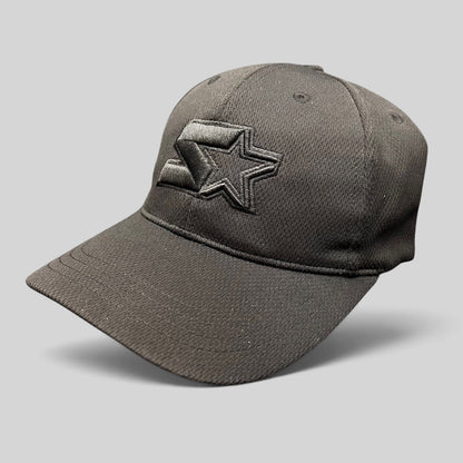 Raree Finds black Starter strapback hat with tonal embroidered logo on a structured polyester crown and curved brim.