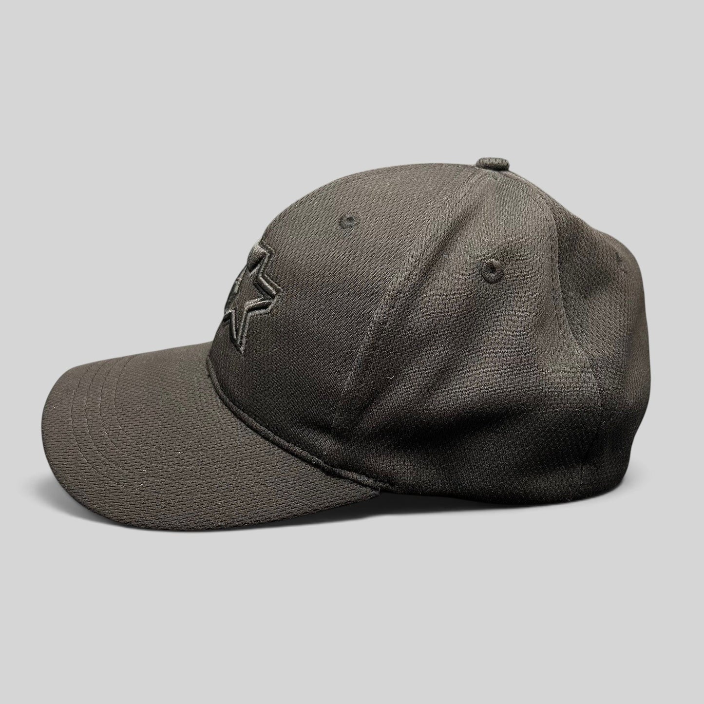 Raree Finds black Starter strapback hat with tonal embroidered logo and textured polyester fabric side profile view
