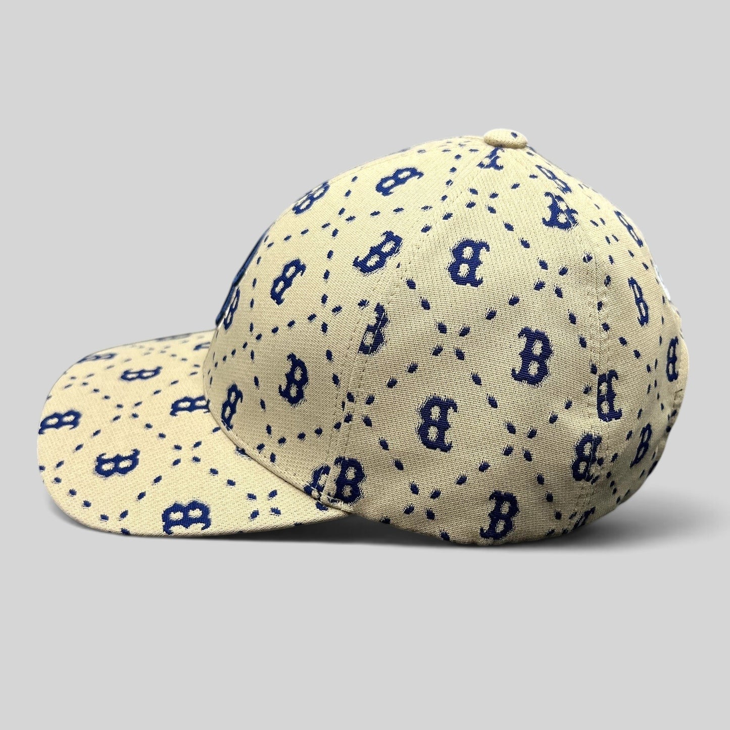 Raree Finds MLB Korea Boston Red Sox beige and blue monogram strapback hat with raised embroidered B logo