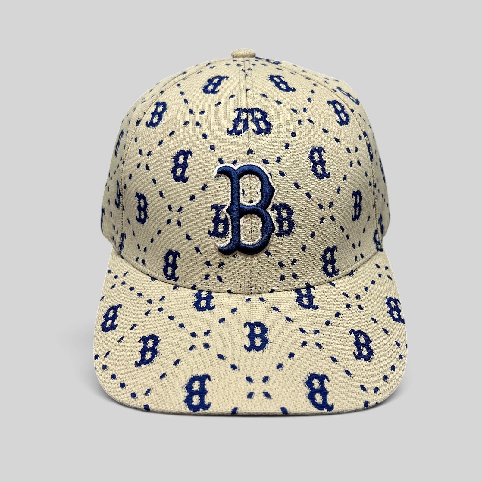 Raree Finds MLB Korea Boston Red Sox strapback hat in beige canvas with a blue monogram B pattern and raised logo.
