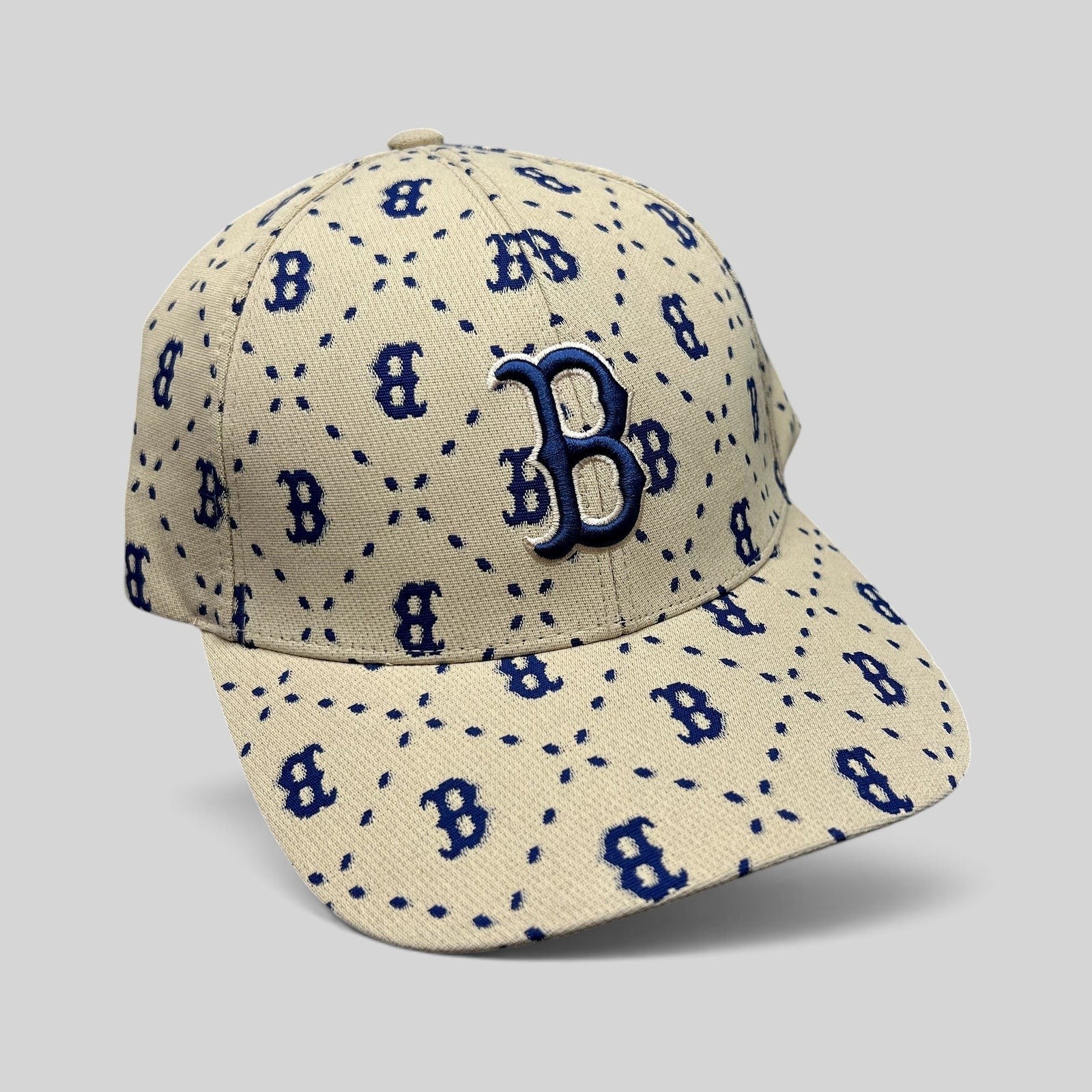 Raree Finds MLB Korea Boston Red Sox beige and blue monogram strapback hat with raised embroidered B logo