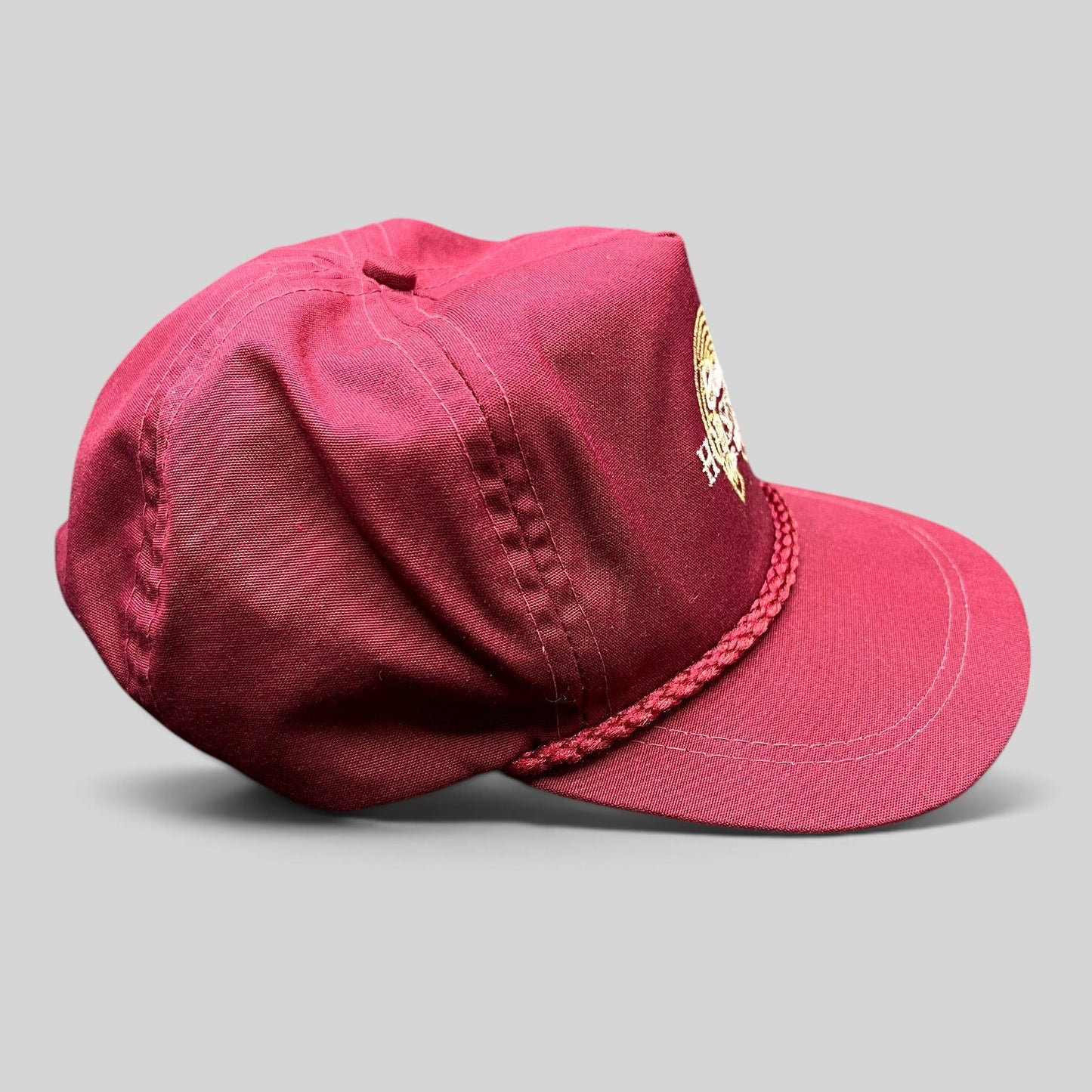 Raree Finds vintage burgundy Binion’s Horseshoe Las Vegas rope hat with embroidered logo and cotton construction