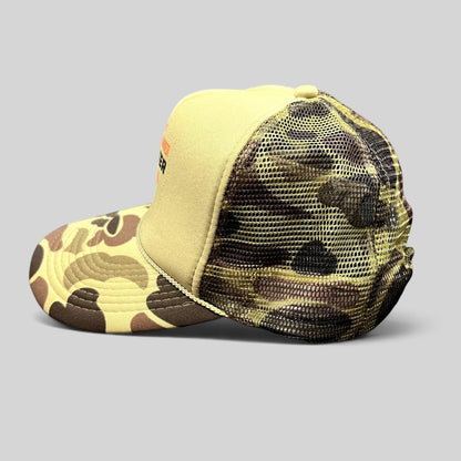 Raree Finds 2015 KSPN Blitzenbanger trucker hat with tan foam front, duck camo brim, and mesh back, side view.