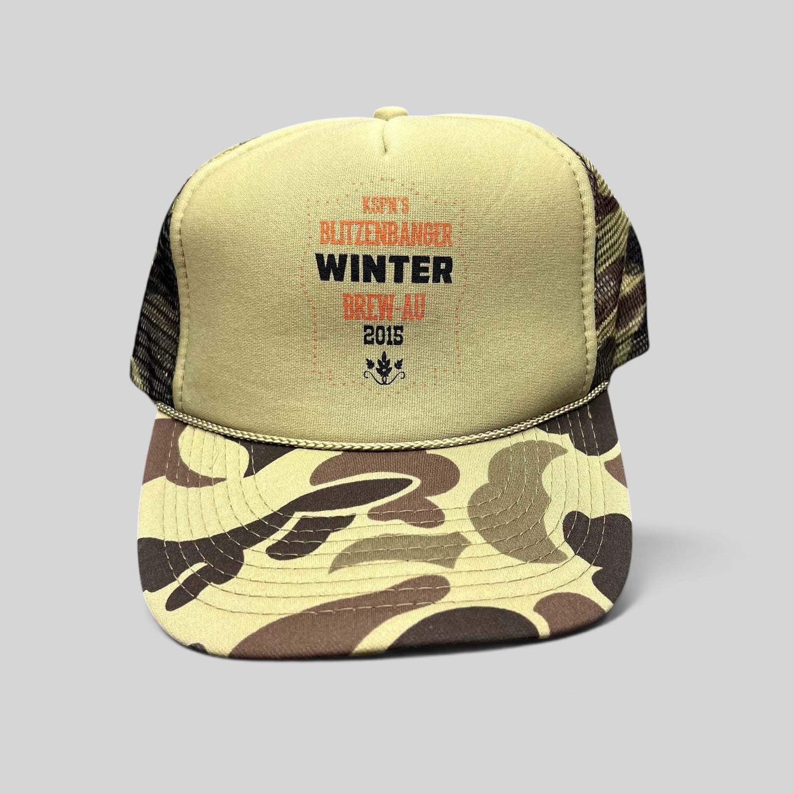 Raree Finds 2015 KSPN Blitzenbanger trucker hat with tan foam front, duck camo brim, and mesh back
