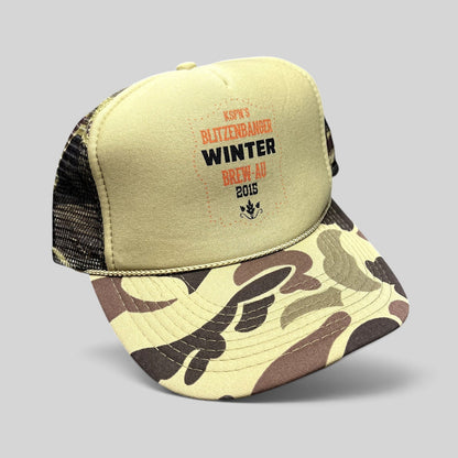 Raree Finds 2015 KSPN Blitzenbanger trucker hat with tan foam front, duck camo brim, and mesh back snapback closure.