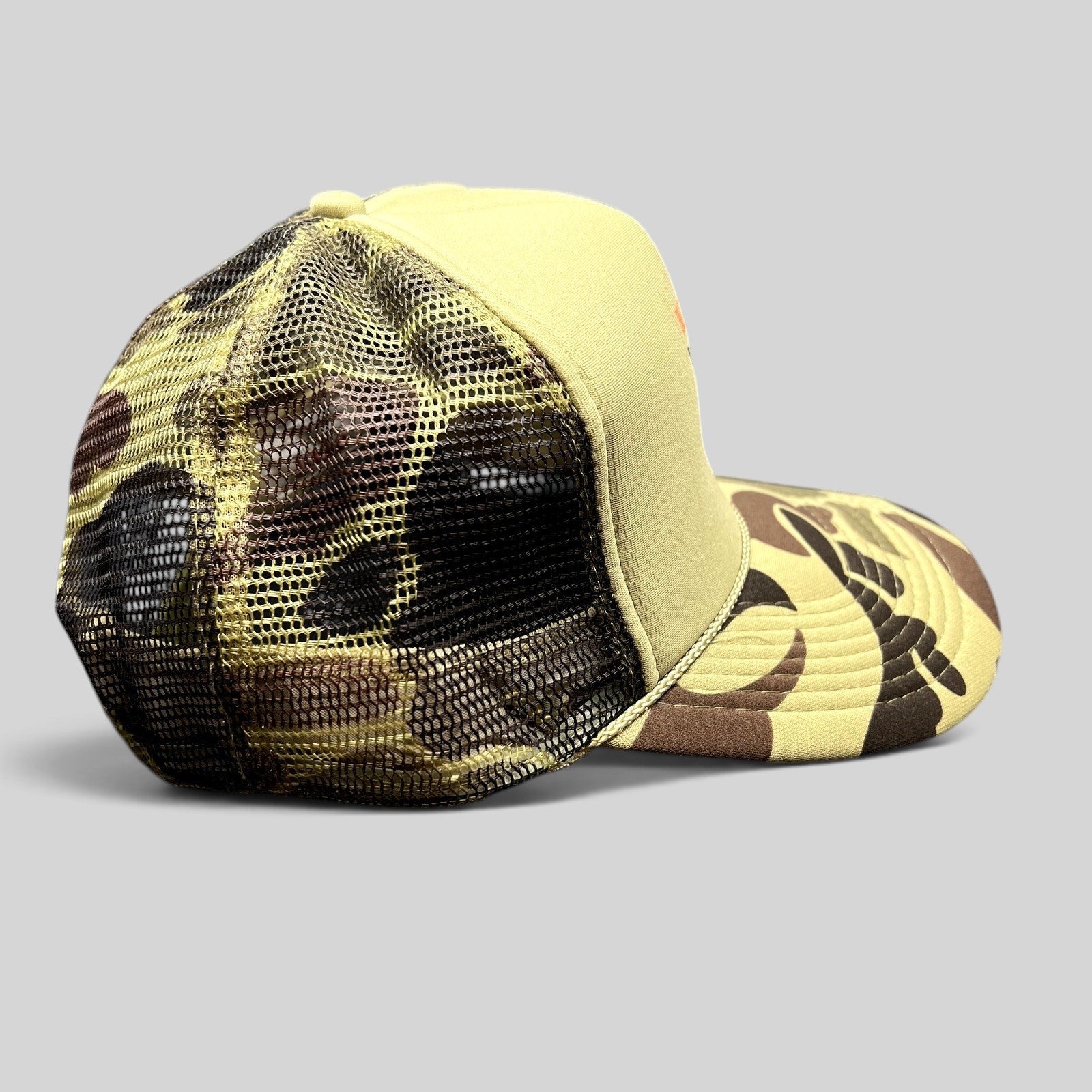 Raree Finds 2015 KSPN Blitzenbanger trucker hat with tan foam front and vintage duck camo mesh back and brim
