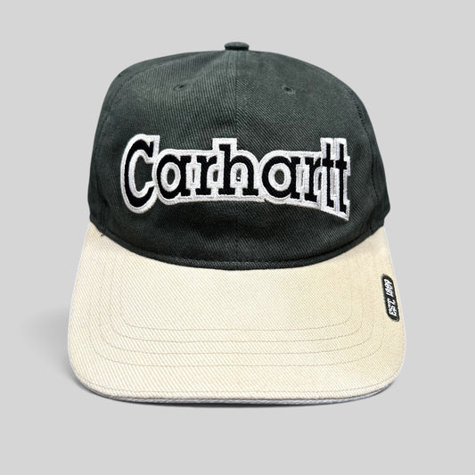Raree Finds Carhartt two-tone black and khaki cotton strapback hat with white embroidered logo on the front