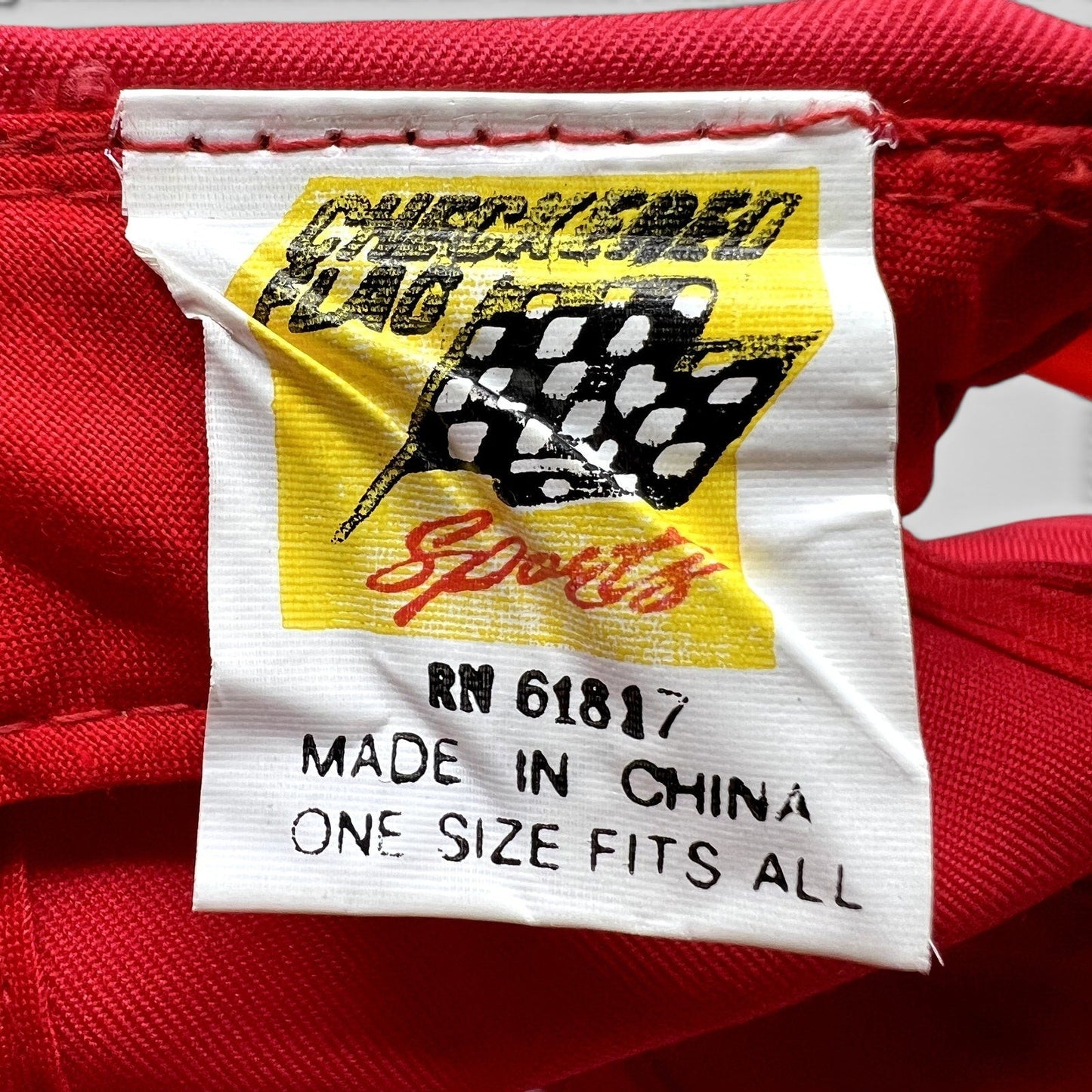 Raree Finds vintage Checkered Flag Sports tag from a 1995 Bill Elliott NASCAR hat, made in China.