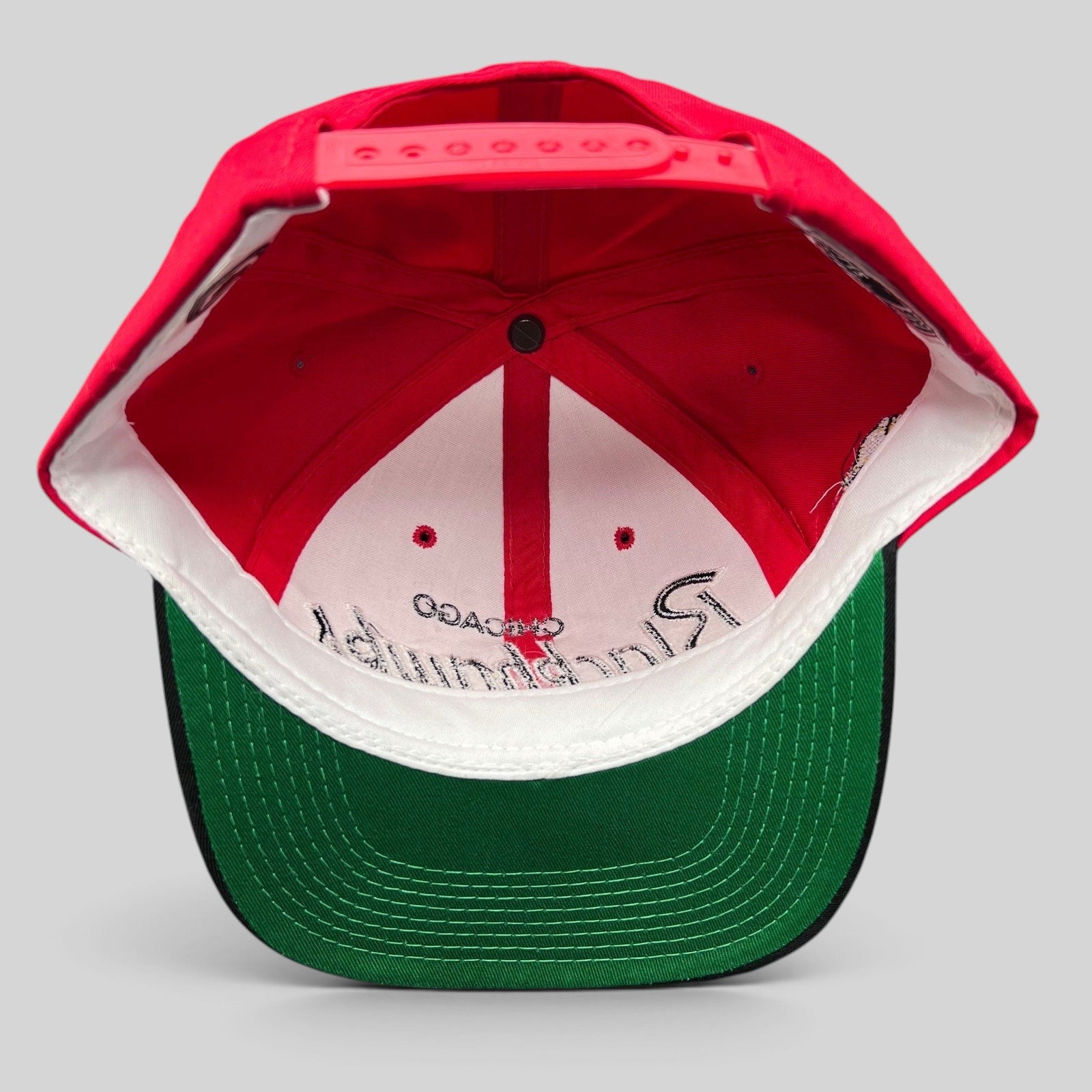 Raree Finds vintage 90s Chicago Blackhawks snapback hat interior showing green under-visor and adjustable strap