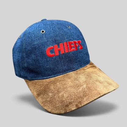Raree Finds vintage Kansas City Chiefs snapback hat with blue denim crown, brown suede bill, and red embroidery.