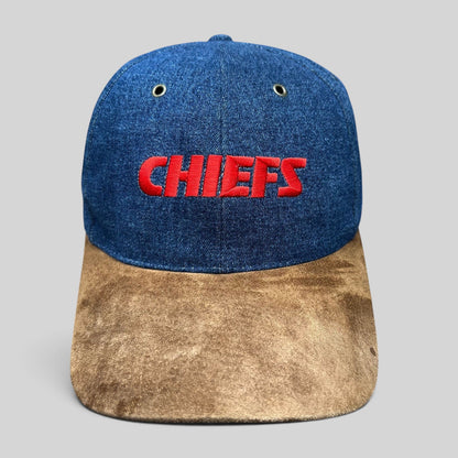 Raree Finds vintage Kansas City Chiefs snapback hat with blue denim crown, brown suede bill, and red embroidery.