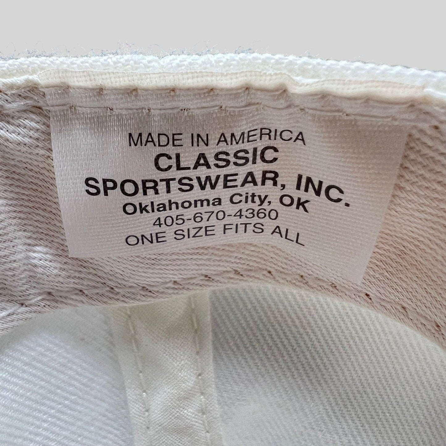 Raree Finds vintage Classic Sportswear snapback interior label showing Made in America and Oklahoma City details