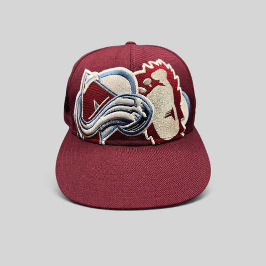 Raree Finds vintage Colorado Avalanche New Era 59FIFTY fitted hat in burgundy with oversized raised logo embroidery.