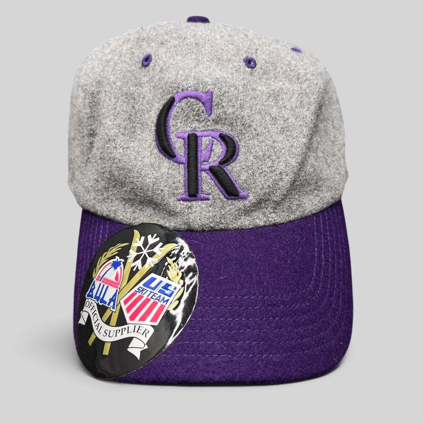 Raree Finds Colorado Rockies ’47 Brand wool strapback hat with grey crown, purple brim, and CR logo embroidery.