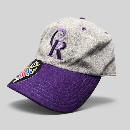 Raree Finds Colorado Rockies ’47 Brand wool strapback hat with a grey crown, purple brim, and raised CR embroidery.