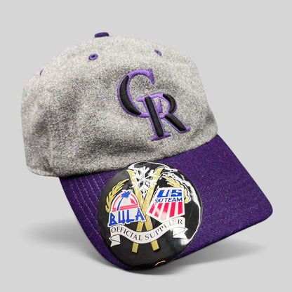 Raree Finds Colorado Rockies 47 Brand wool strapback hat with grey crown, purple brim, and Bula US Ski team sticker.