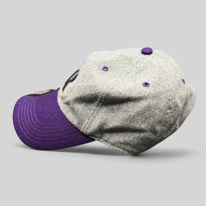Raree Finds Colorado Rockies 47 Brand wool strapback hat with grey crown and purple brim, side profile view.