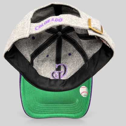 Raree Finds Colorado Rockies ’47 Brand wool strapback hat with grey crown, purple brim, and green underbill interior
