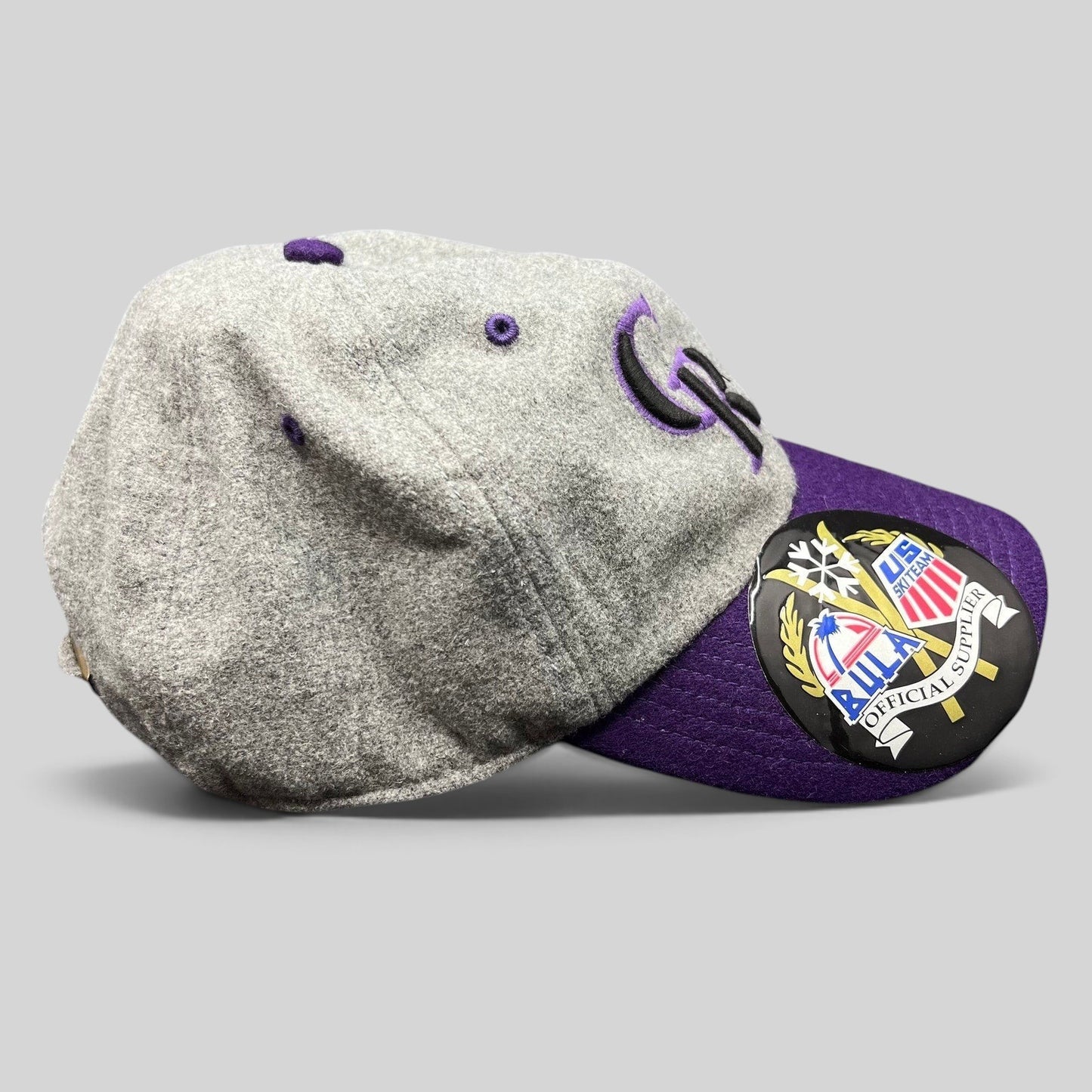 Raree Finds Colorado Rockies ’47 Brand wool strapback hat in grey and purple with raised CR logo and Bula sticker