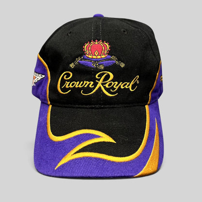 Raree Finds vintage 2003 Crown Royal Roots strapback hat in black and purple with gold embroidered logo and visor trim.