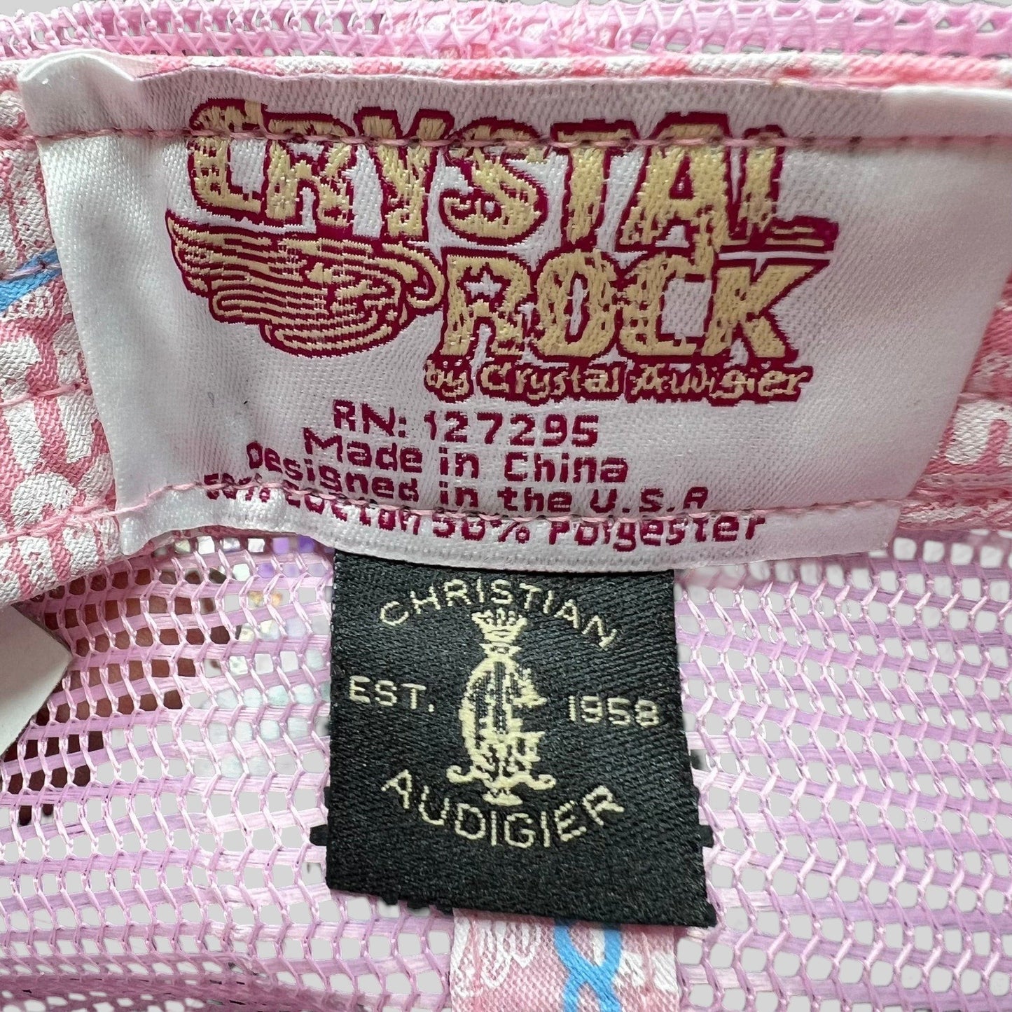Raree Finds Crystal Rock by Christian Audigier trucker hat inner brand and care labels with pink mesh detail