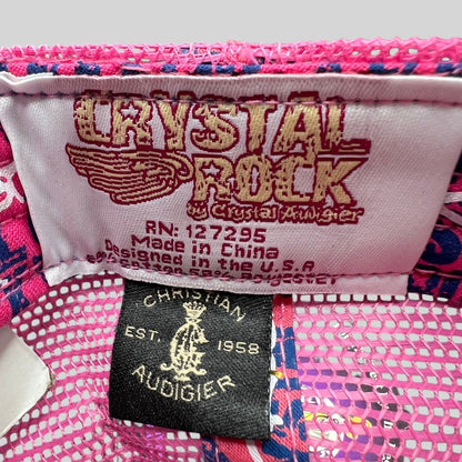 Raree Finds Crystal Rock by Christian Audigier trucker hat interior brand and care labels on pink mesh fabric