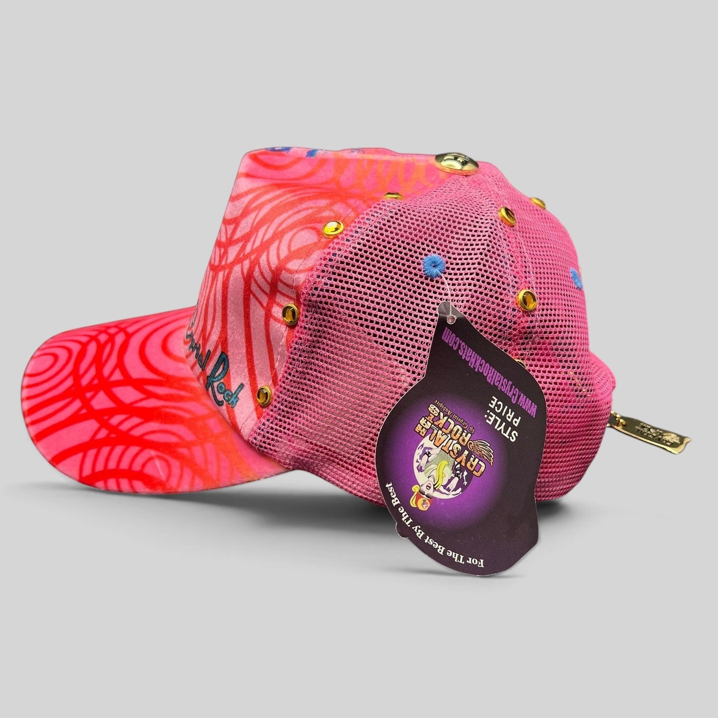 Raree Finds Crystal Rock by Christian Audigier pink trucker hat with Y2K swirl patterns, rhinestones, and stud accents