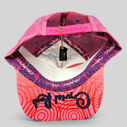 Raree Finds Crystal Rock by Christian Audigier pink trucker hat interior view with branded tag and mesh backing