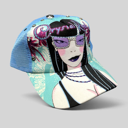Raree Finds Crystal Rock by Christian Audigier teal trucker hat with rhinestone graphic and mesh back