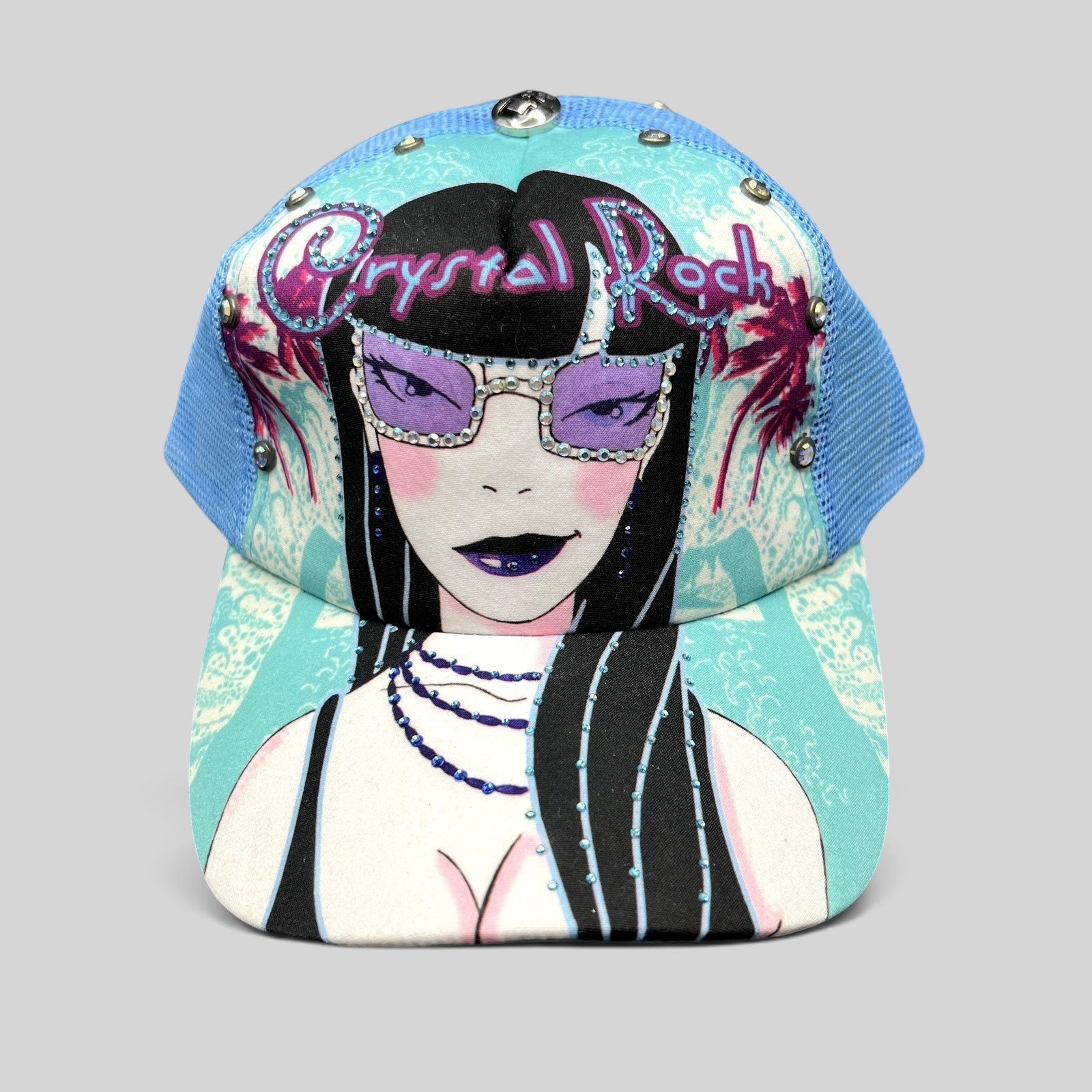 Raree Finds Crystal Rock by Christian Audigier teal trucker hat with rhinestone graphic and mesh back