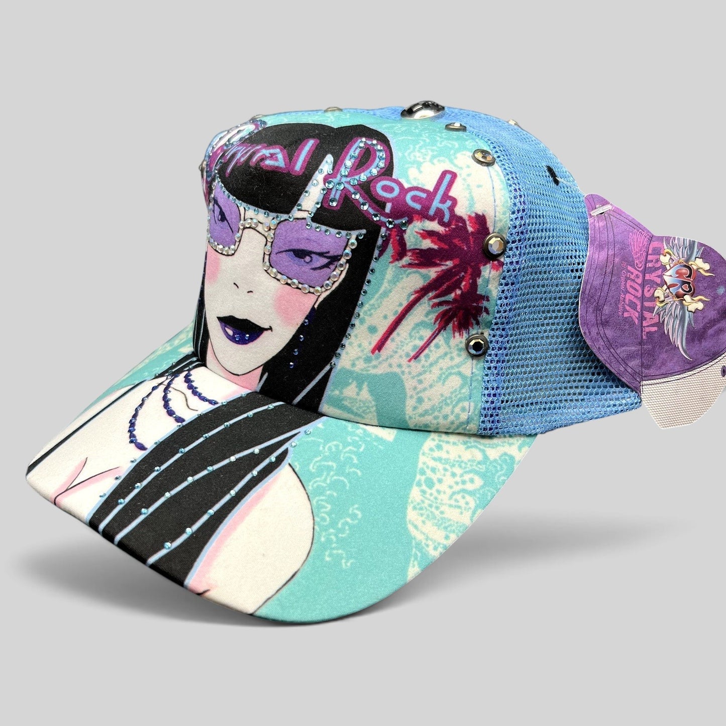 Raree Finds Crystal Rock by Christian Audigier teal Y2K trucker hat with rhinestone graphic and mesh back