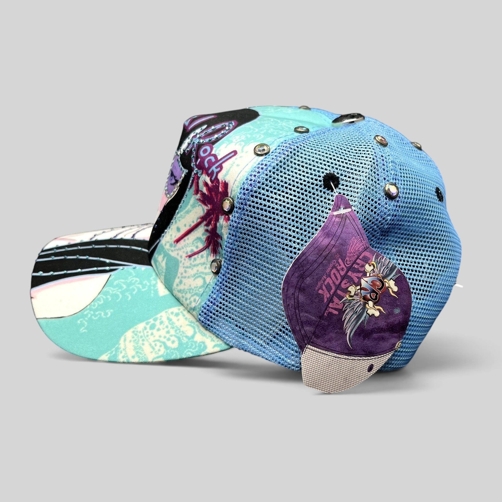 Raree Finds Crystal Rock by Christian Audigier teal Y2K trucker hat with rhinestone studs and graphic print