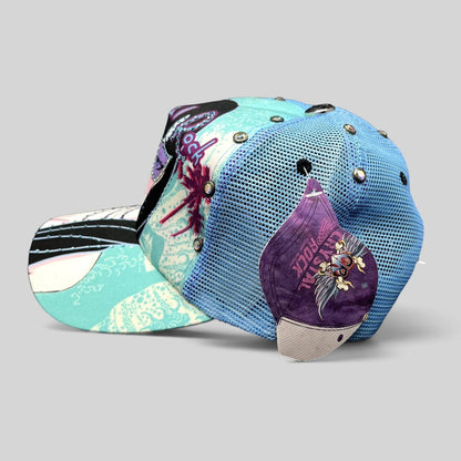 Raree Finds Crystal Rock by Christian Audigier teal Y2K trucker hat with rhinestone studs and graphic print