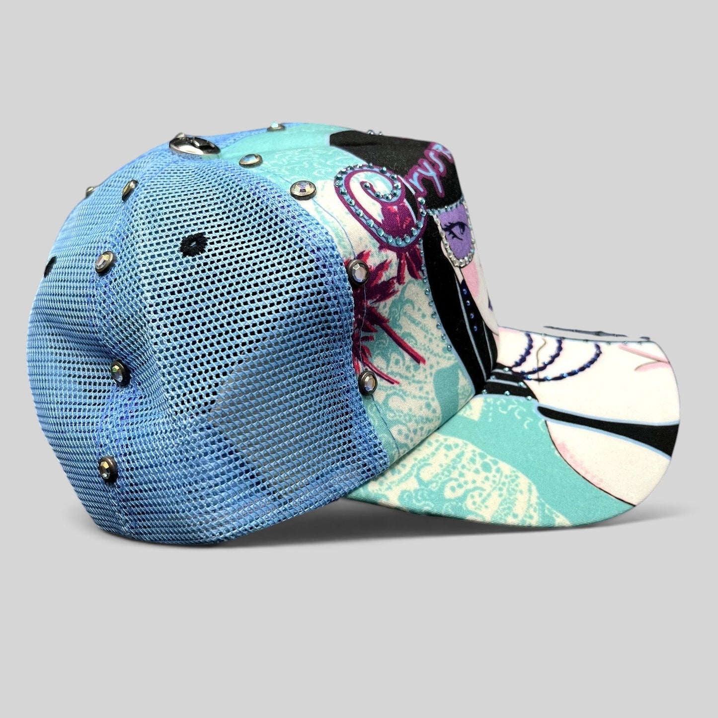 Raree Finds Crystal Rock by Christian Audigier teal Y2K trucker hat with rhinestone embellishments and graphic art