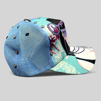 Raree Finds Crystal Rock by Christian Audigier teal Y2K trucker hat with rhinestone embellishments and graphic art