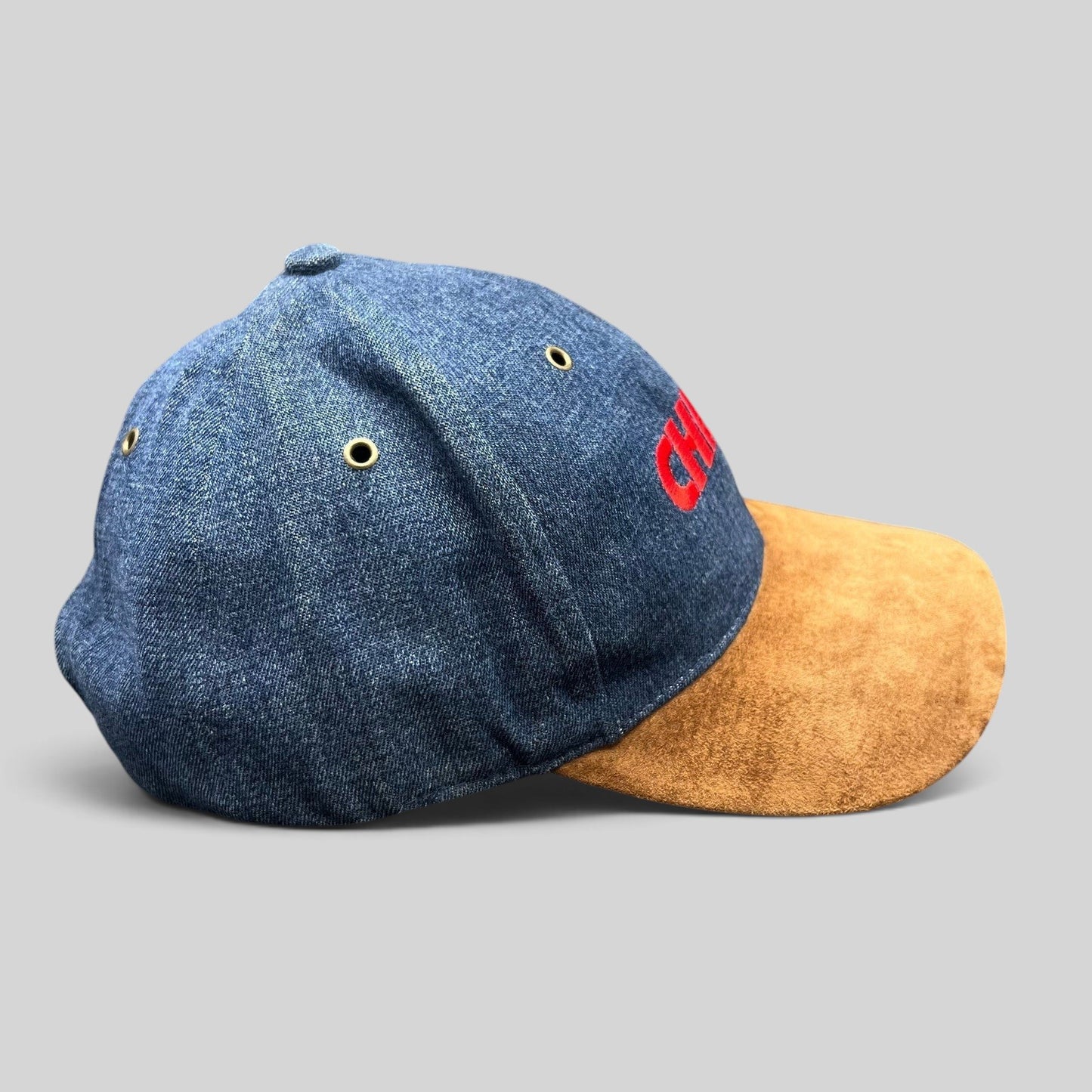Raree Finds vintage Kansas City Chiefs snapback hat with blue denim crown, brown suede bill, and red embroidery.
