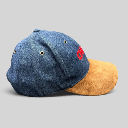 Raree Finds vintage Kansas City Chiefs snapback hat with blue denim crown, brown suede bill, and red embroidery.