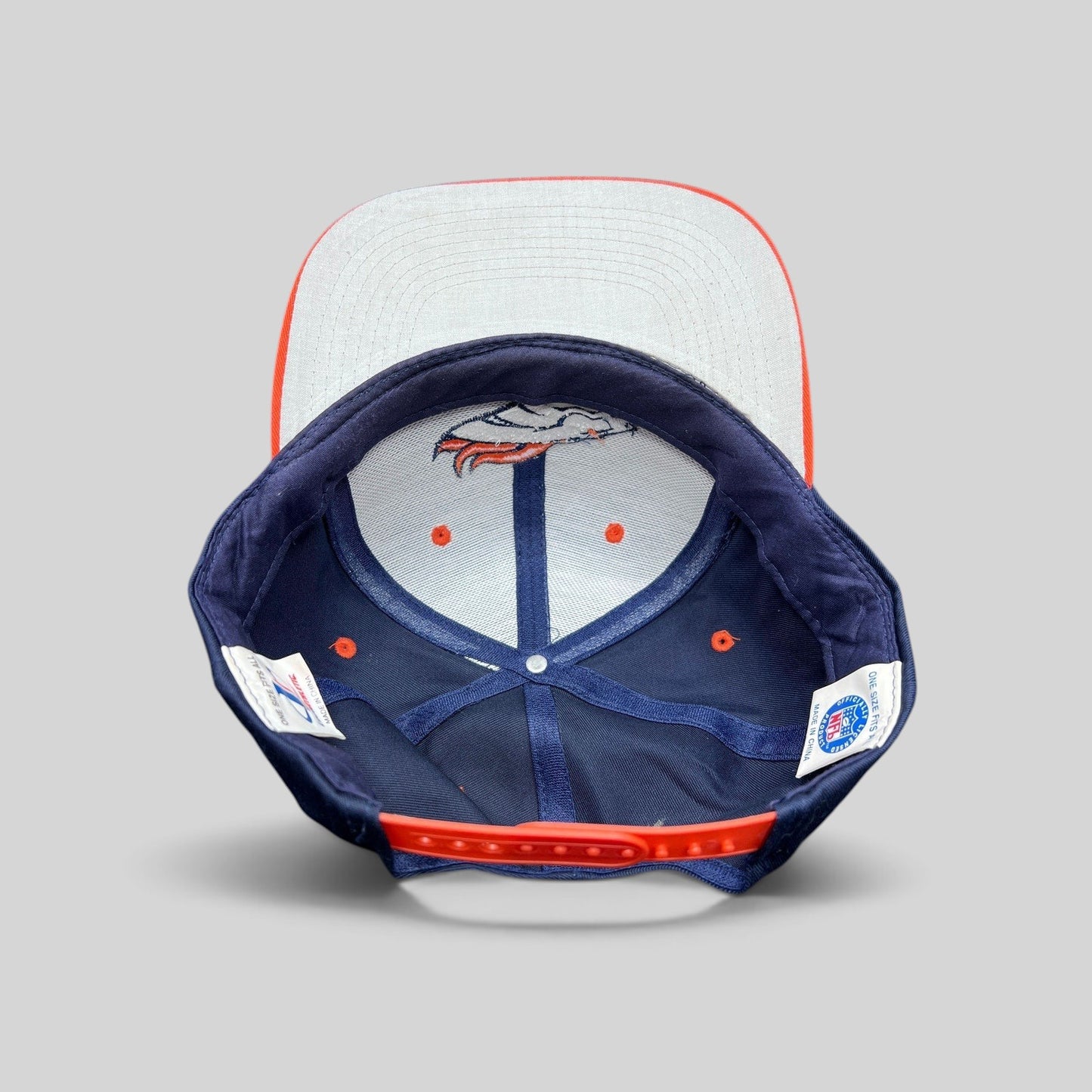Raree Finds vintage Denver Broncos Logo Athletic snapback hat interior showing NFL tag and embroidered team logo