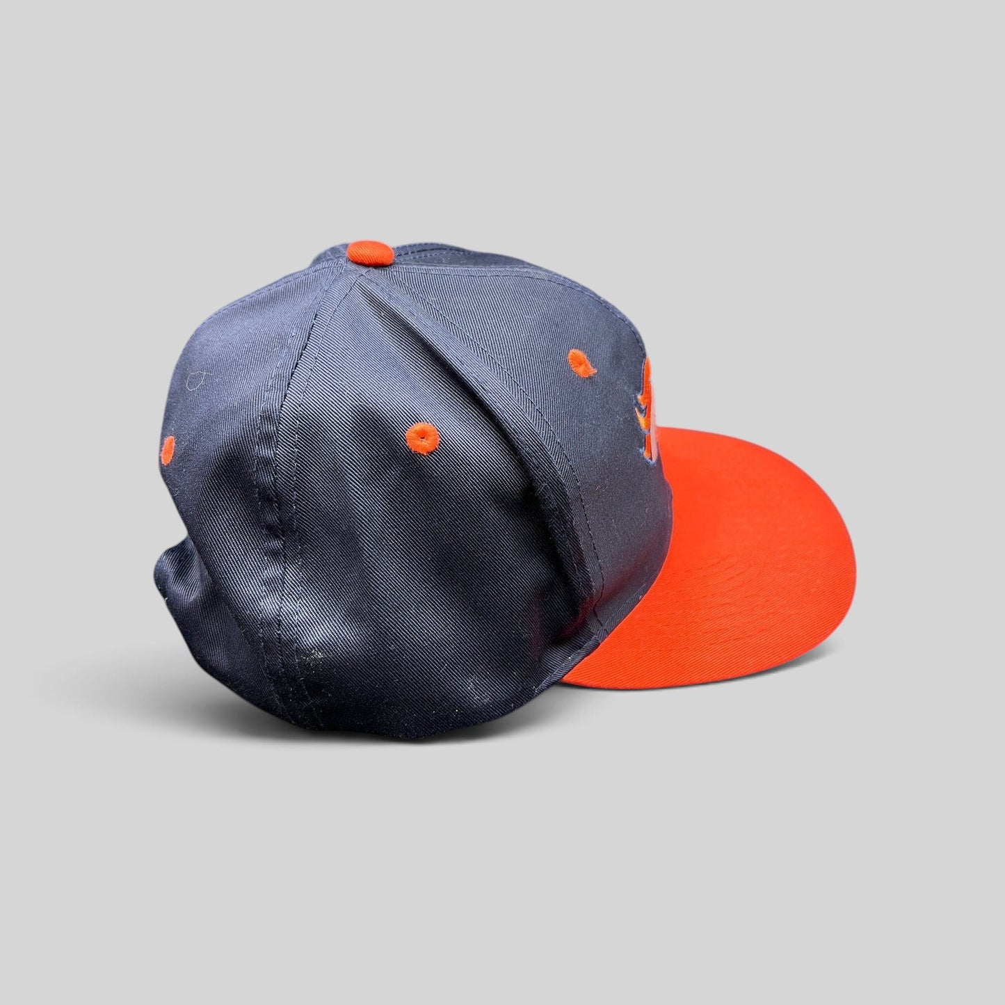 Raree Finds vintage Denver Broncos Logo Athletic snapback hat in navy blue and orange with embroidered team logo