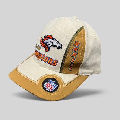 Raree Finds vintage Denver Broncos Super Bowl XXXII snapback hat with embroidered logo and tan accent paneling