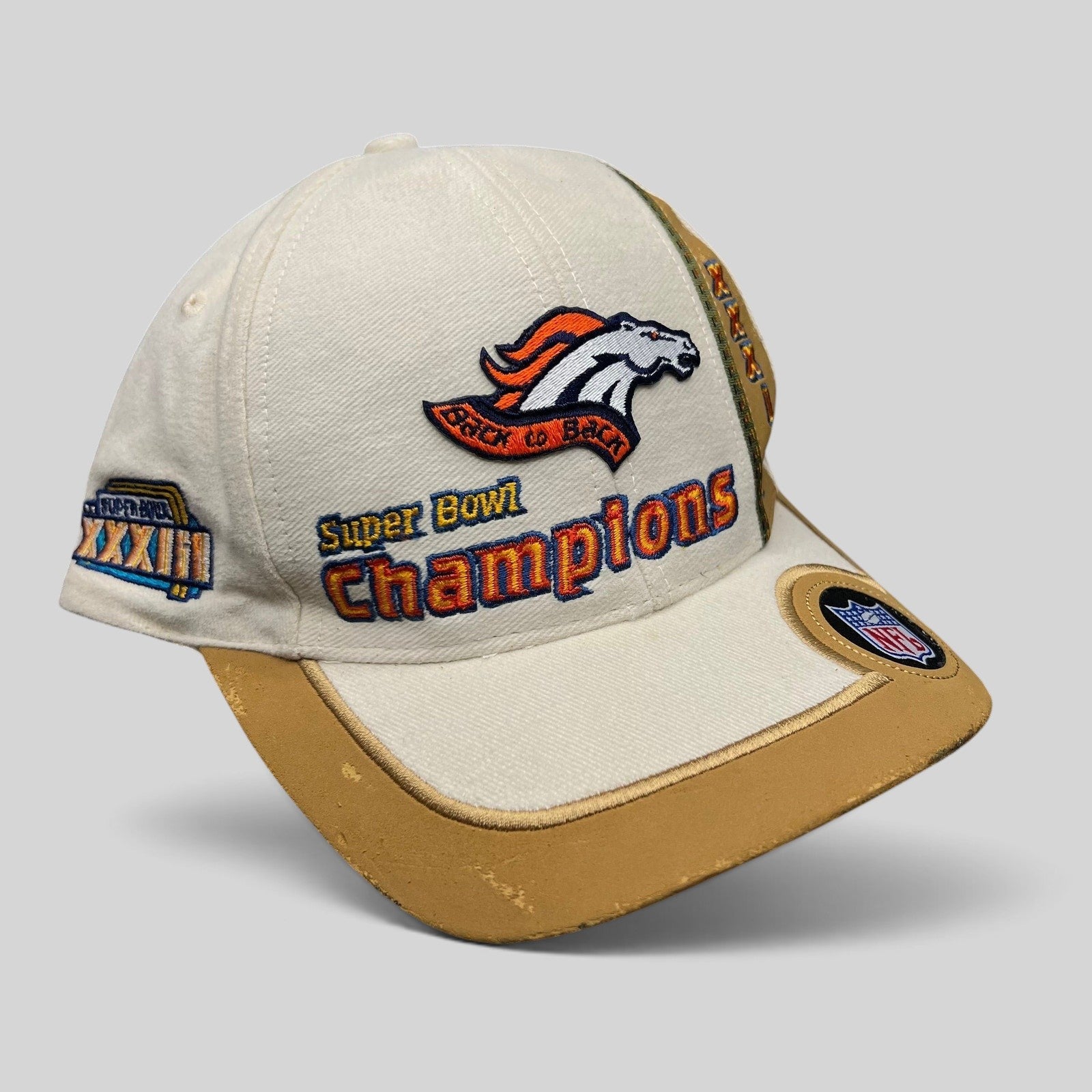 Raree Finds vintage Denver Broncos Super Bowl XXXII Champions snapback hat with tan brim and embroidered team logo