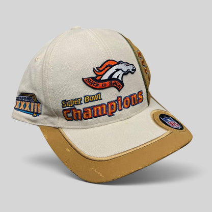 Raree Finds vintage Denver Broncos Super Bowl XXXII Champions snapback hat with tan brim and embroidered team logo