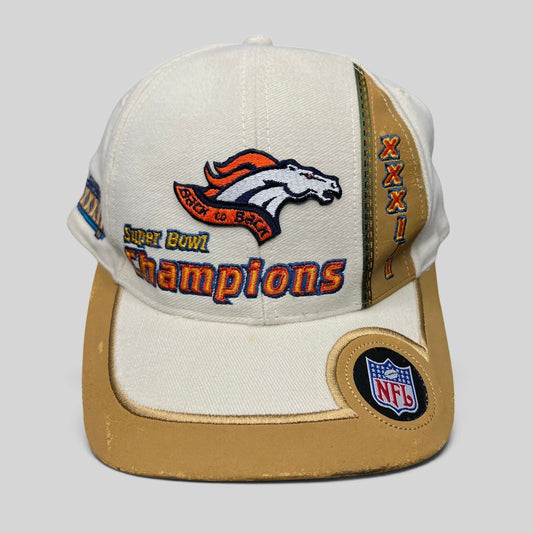 Raree Finds vintage Denver Broncos Super Bowl XXXII Champions snapback hat with white crown and tan brim details.