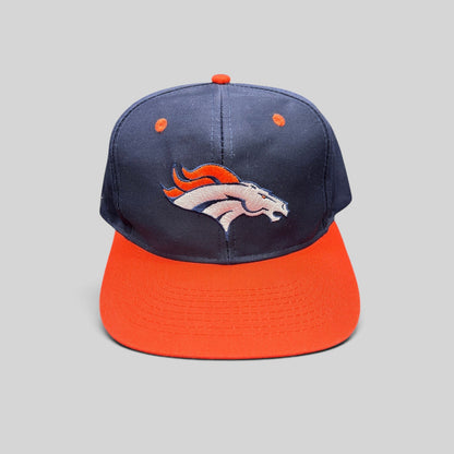Raree Finds vintage Denver Broncos Logo Athletic snapback hat in navy blue and orange with embroidered team logo.