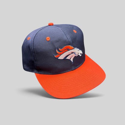 Raree Finds vintage Denver Broncos Logo Athletic snapback hat in navy blue and orange with embroidered team logo.