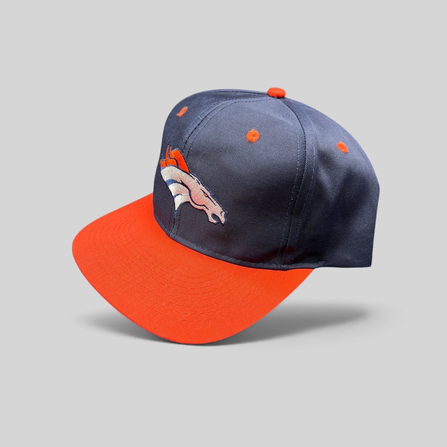 Raree Finds vintage Denver Broncos Logo Athletic snapback hat in navy blue and orange with embroidered team logo