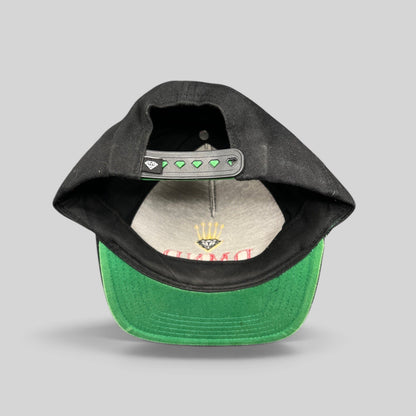 Raree Finds vintage Diamond Supply Co. black snapback hat with green underbrim and crown logo snapback closure