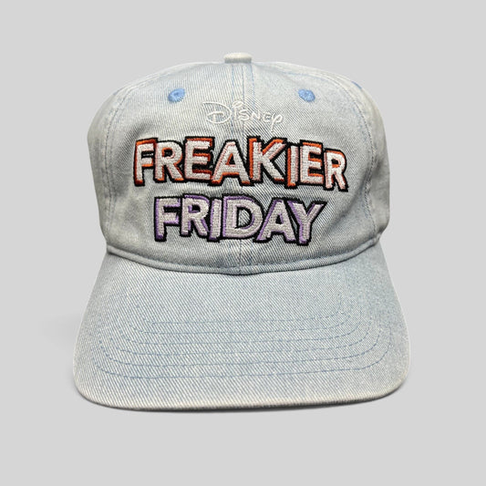Raree Finds Disney Freakier Friday light blue washed cotton strapback hat with multicolor embroidered movie logo