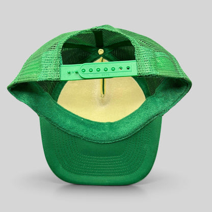 Raree Finds vintage green Otto Cap trucker hat with mesh back and adjustable snapback closure, interior view.